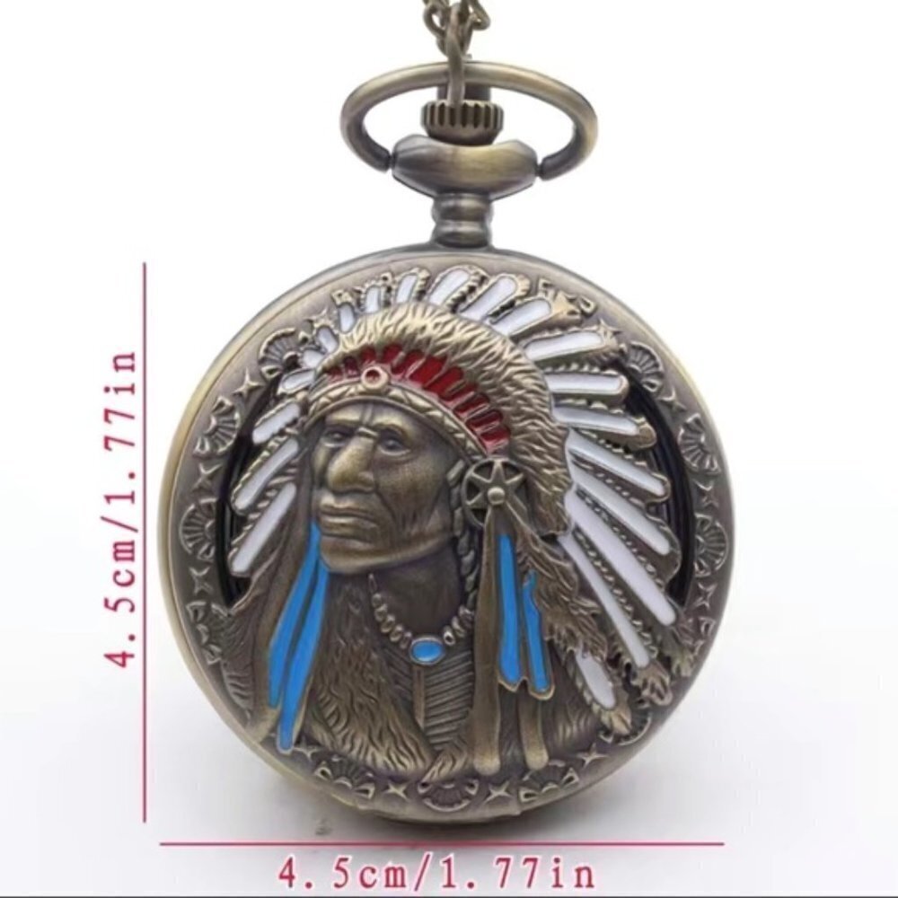 Pocket Watch Native American Traditional Headdress Hinged Flip Open Chain Pouch - Picture 8 of 11